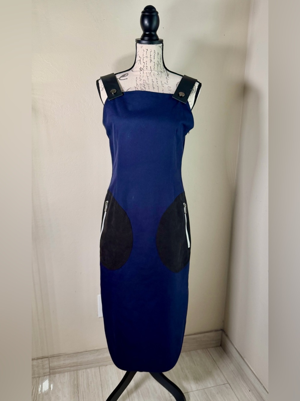 Sportmax Navy Midi Dress with Black Strap and Pocket Details
